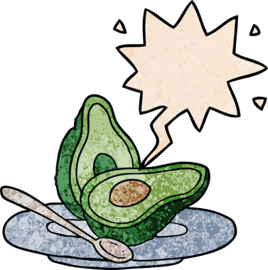 Bir insan tarafından çizilmiş, konuşma baloncuğu olan yarım yamalak bir avokado.