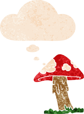 Düşünce baloncuklu çizgi film mantarı grunge sıkıntılı retro desen bir insan tarafından çizilmiş