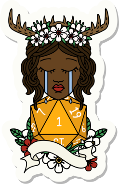 Ağlayan bir insan Druid 'inin çıkartması D20 doğal bir rulo insan tarafından çizilmiş.