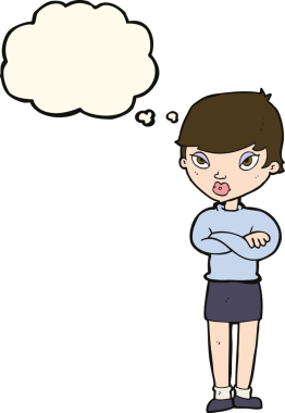 Bir insan tarafından çizilmiş düşünce baloncuğuyla rahatsız bir kadın.