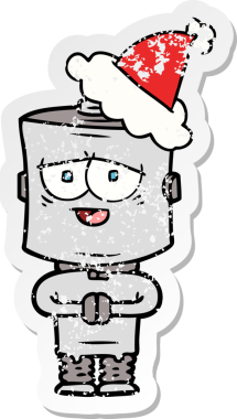 Bir insan tarafından çizilmiş Noel Baba şapkası takan bir robotun çizilmiş el yazısı.