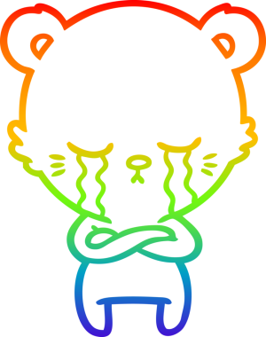 Ağlayan bir çizgi film ayısının kollarını katlamış bir insan tarafından çizilmiş gökkuşağı gradyanı çizimi.