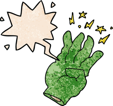 bir insan tarafından çizilmiş eski dokuda konuşma baloncuğu olan tuhaf, çizgi film sihirli eli.