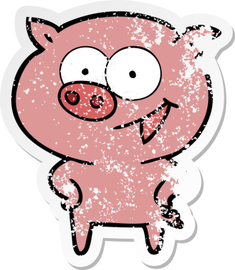 Bir insan tarafından çizilmiş neşeli bir domuz çizgi filminin hüzünlü çıkartması.