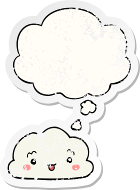 Düşünce baloncuklu karikatür bulutu bir insan tarafından çizilmiş yıpranmış bir çıkartma gibi.