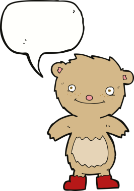 Bir insan tarafından çizilmiş konuşma balonlu çizme giyen oyuncak ayı.