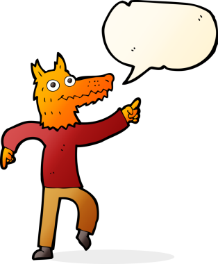 Bir insan tarafından çizilmiş konuşma balonlu tilki adam.