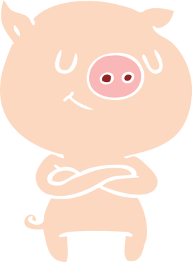 Bir insanın çapraz kollarıyla çizdiği düz renkli çizgi film domuzu.