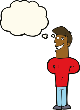 Bir insan tarafından çizilmiş düşünce baloncuğu ile sırıtan çizgi film adamı.