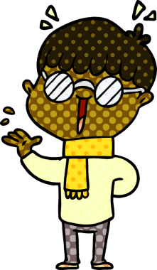 Bir insan tarafından çizilmiş gözlük takan çizgi film çocuğu.