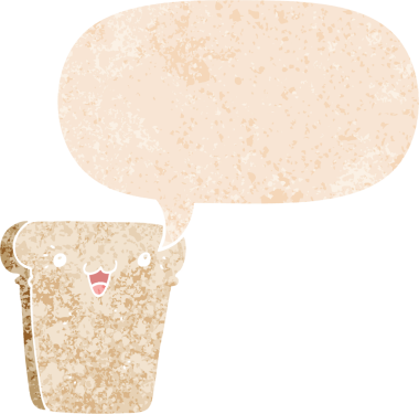 Bir insan tarafından çizilmiş, grunge dertli retro desenli konuşma baloncuklu bir ekmek dilimi.