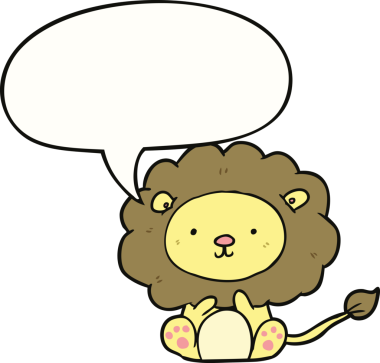 Bir insan tarafından çizilmiş konuşma balonu olan sevimli çizgi film aslanı.