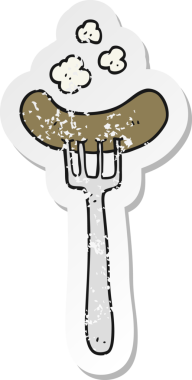 Bir insan tarafından çizilmiş sosis çizgi filminin gerilimli retro yapıştırması.