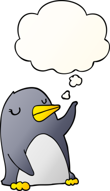 Düşünce baloncuğu olan karikatür pengueni bir insan tarafından çizilmiş.