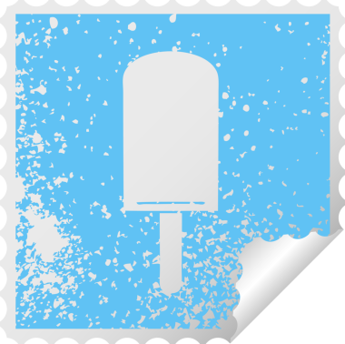 Sıkıntılı kare soyma etiketi. Garip sembol. Turuncu buz lolipopu bir insan tarafından çizilmiş.