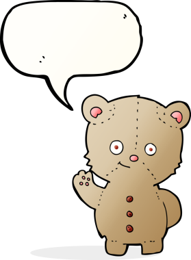 Bir insan tarafından çizilmiş konuşma baloncuğuyla sallanan oyuncak ayı.