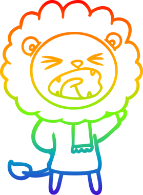 Bir insan tarafından çizilmiş kış kıyafetleri içinde çizgi film aslanı çizimi.