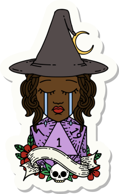 Bir insan tarafından çizilmiş doğal D20 rulo ile ağlayan bir insan cadının çıkartması.