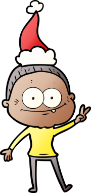 Bir insan tarafından çizilmiş Noel Baba şapkası giyen mutlu yaşlı bir kadının el çizimi karikatürü.