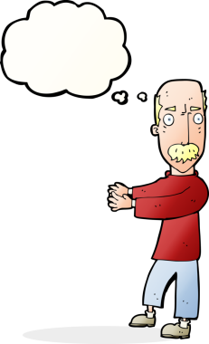 Bir insan tarafından çizilmiş düşünce baloncuğuyla açıklama yapan keltoş bir adam.