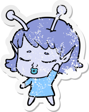 Bir insan tarafından çizilmiş sevimli bir uzaylı kız çizgi filminin sıkıntılı çıkartması.