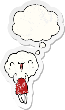 Düşünce baloncuğu olan tatlı bir çizgi film yaratığı insan tarafından çizilmiş yıpranmış bir çıkartma.