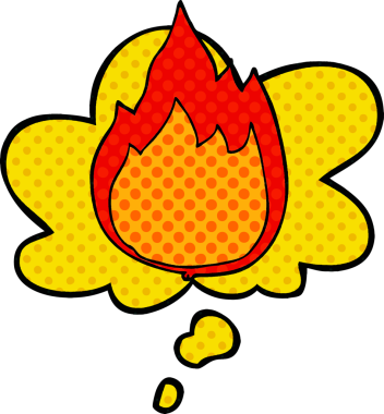 Çizgi roman tarzında bir insan tarafından çizilmiş düşünce baloncuklu çizgi film ateşi