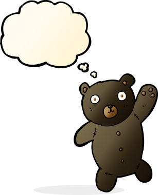 Bir insan tarafından çizilmiş düşünce baloncuğu olan sevimli siyah oyuncak ayı.