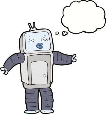 Bir insan tarafından çizilmiş düşünce baloncuklu komik robot.