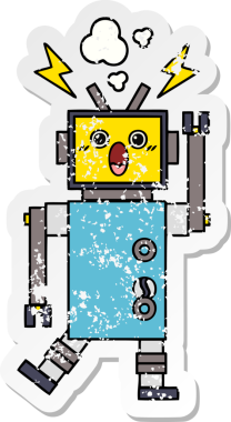 Bir insan tarafından çizilmiş arızalı bir robot çizgi film çıkartması.