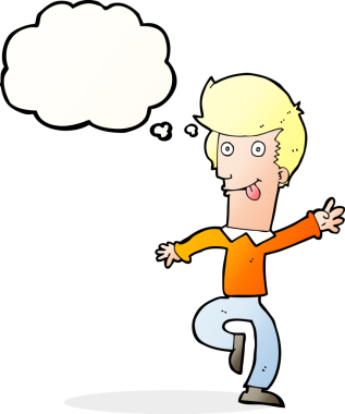 Bir insan tarafından çizilmiş düşünce baloncuğuyla dans eden çizgi film adamı.