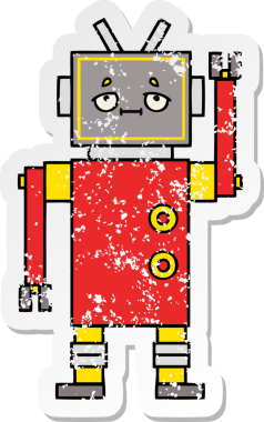 Bir insan tarafından çizilmiş sevimli bir robot çizgi film çıkartması.