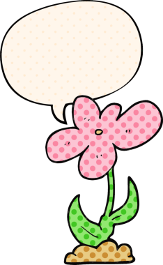 Bir insan tarafından çizilmiş çizgi roman tarzında konuşma baloncuğu olan karikatür çiçeği.