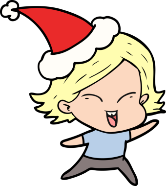 Mutlu el çizimi bir insan tarafından çizilmiş Noel Baba şapkası takan bir kız.