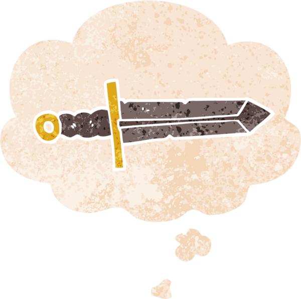 Düşünce baloncuğu ve grunge ile çizgi film kılıcı bir insan tarafından çizilmiş sıkıntılı retro stil