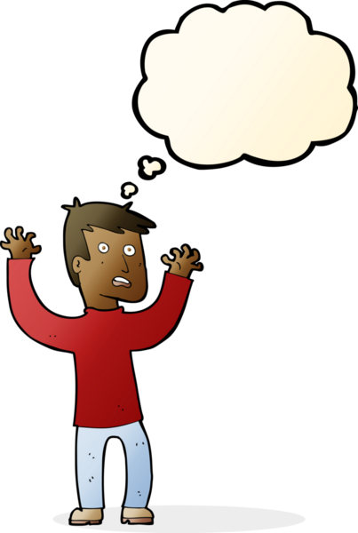 Bir insan tarafından çizilmiş düşünce baloncuğuyla dehşete düşmüş bir adam.