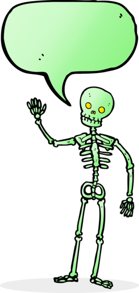 Bir insan tarafından çizilmiş konuşma baloncuğu ile iskelet sallayan çizgi film.