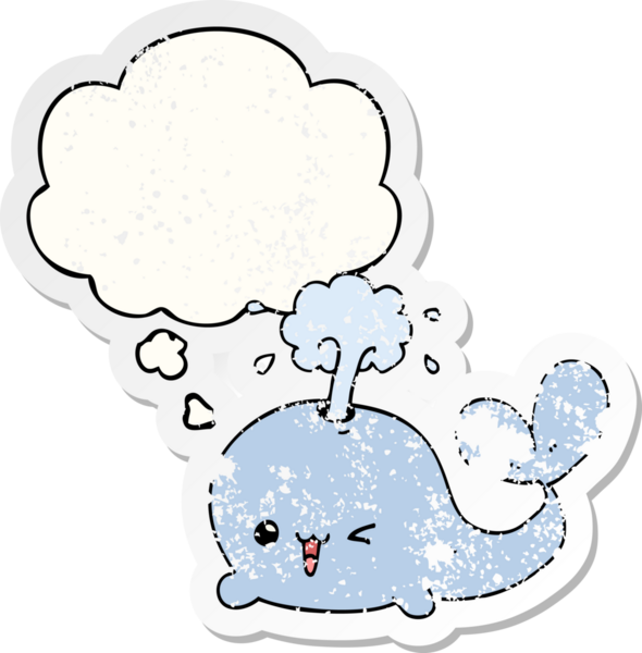 Düşünce baloncuğu olan karikatür balinası bir insan tarafından çizilmiş yıpranmış bir çıkartma.