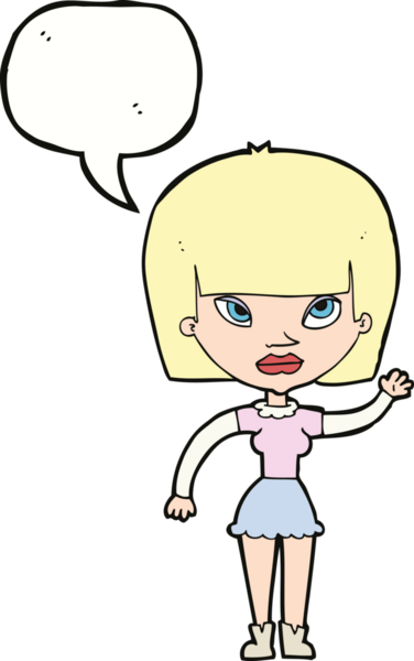 Bir insan tarafından çizilmiş konuşma balonuyla el sallayan karikatürist kadın.