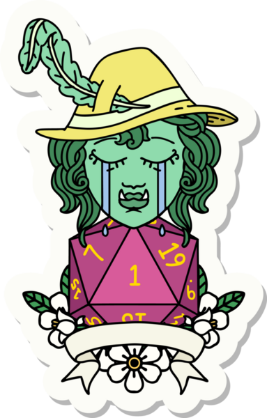 Ağlayan bir ork ozan karakterinin çıkartması. Bir insan tarafından çizilmiş doğal bir D20 rulosu.