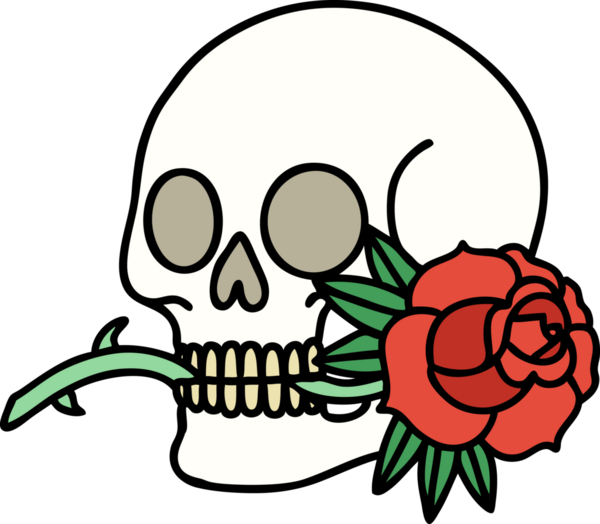 Bir insan tarafından çizilmiş geleneksel bir kafatası ve gül dövmesi.