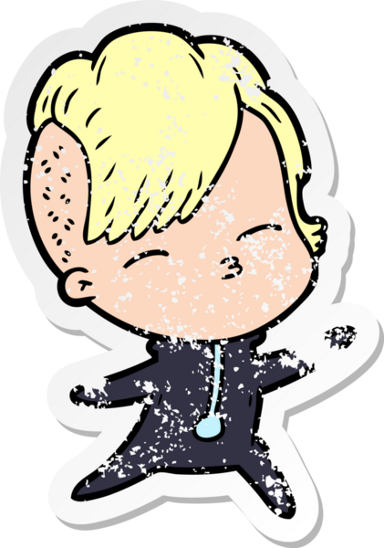 Bir insan tarafından çizilmiş, gözlerini kısan bir çizgi film karakterinin sıkıntılı çıkartması.