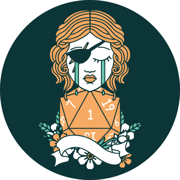 Bir insan tarafından çizilmiş doğal bir d20 rulo ile ağlayan insan düzenbazlığının simgesi