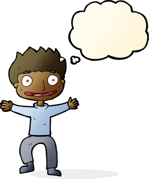 Bir insan tarafından çizilmiş düşünce balonlu sırıtan çocuk.