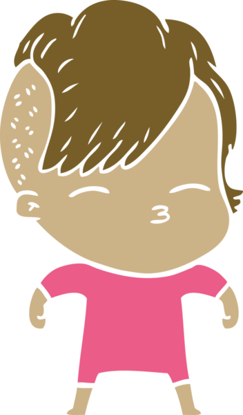 Düz renkli çizgi film çizen kız bir insan tarafından çizilmiş.