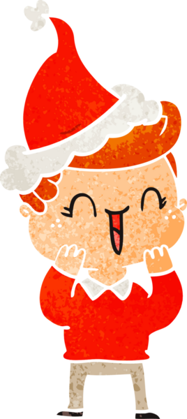 Bir insan tarafından çizilmiş Noel Baba şapkası giymiş gülen bir çocuğun el çizimi karikatürü.