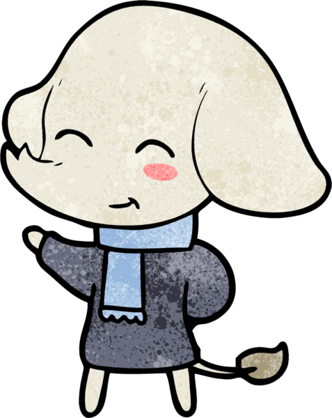 Bir insan tarafından çizilmiş kışlık giysili şirin bir fil.