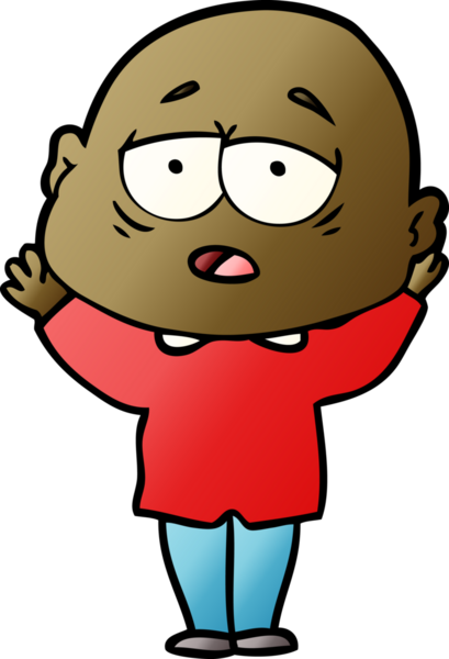 Bir insan tarafından çizilmiş yorgun, kel bir adam.