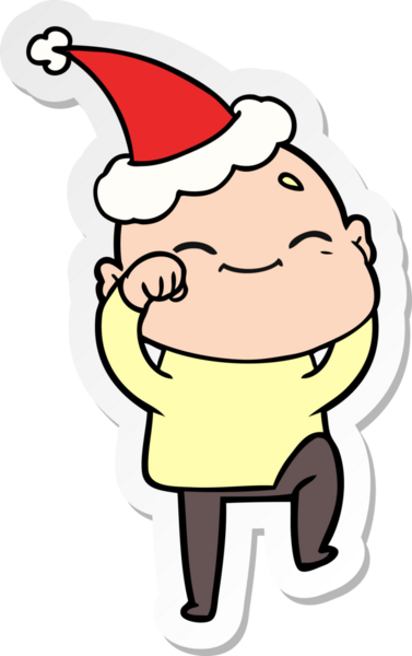 Bir insan tarafından çizilmiş Noel Baba şapkası giymiş kel bir adamın mutlu el çizimi karikatürü.