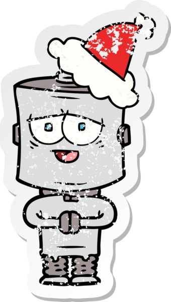 Bir insan tarafından çizilmiş Noel Baba şapkası takan bir robotun çizilmiş el yazısı.